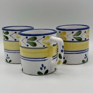 Pier 1 Solimar Mug Set 3 Hand Painted Tunisia Blue Yellow Mediterranean Floral